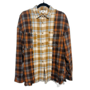 BKE Mixed Flannel Boyfriend Button Up Women's Sz M Brown Orange